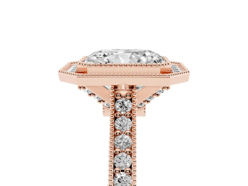 Radiant Cut Vintage Milgrain Halo Engagement Ring Setting | Bezel Head | Rose Gold