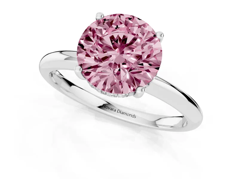 Fancy Pink Round Cut Diamond Solitaire Engagement Ring Set in Platinum with Prong Setting and Polished Band