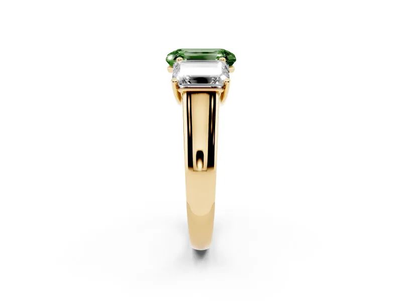 Emerald Cut Three Stone Engagement Ring Setting for a Fancy Green Lab-Grown Diamond | Basket Prong Heads | Yellow Gold