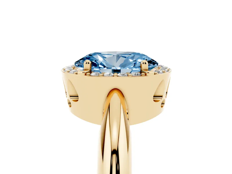 Fancy Blue Oval Cut Diamond Halo Engagement Ring Set in Yellow gold with Plain Split Shank and Prong Setting