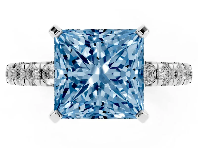 Fancy Blue Princess Cut Diamond Pavé Solitaire Ring Set in Silver with Round Band and Prong Setting