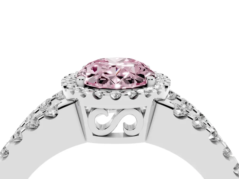 Fancy Pink Oval Cut Diamond Halo Ring Set in White gold with Pavé Split Shank and Prong Setting