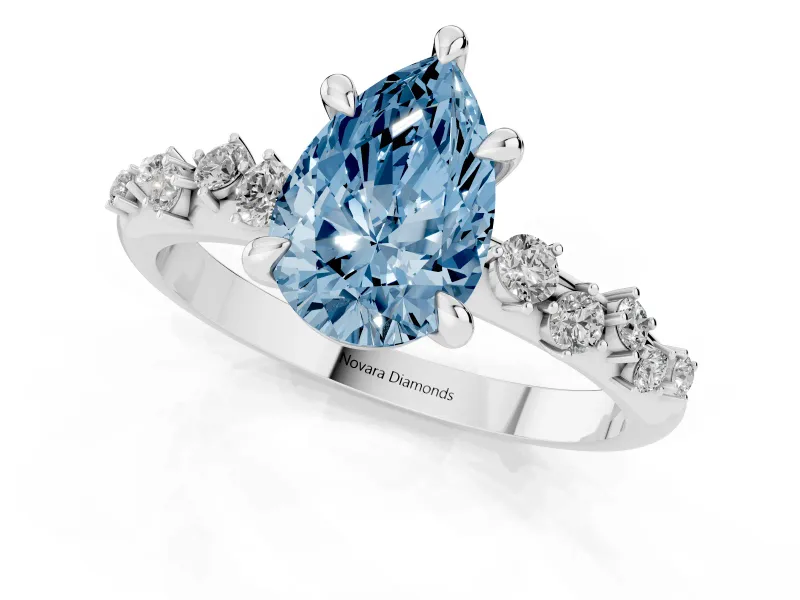 Fancy Blue Pear Cut Diamond Solitaire Vine Band Ring Set in Silver with Round Accents and Prong Setting