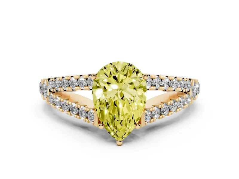 Fancy Yellow Pear Cut Diamond Split Shank Pavé Engagement Ring Set in Yellow gold with Prong-Held Center Stone