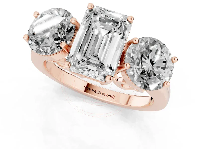 Emerald Cut Vintage Three Stone Engagement Ring Setting | Milgrain Baskets | Rose Gold