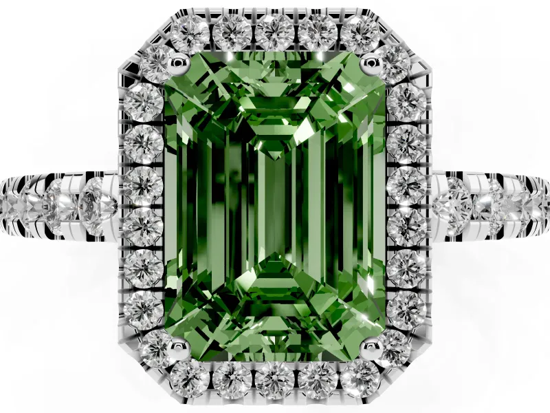 Fancy Green Emerald Cut Diamond Halo Ring Set in Platinum with Delicate Pavé Band and Prong Setting