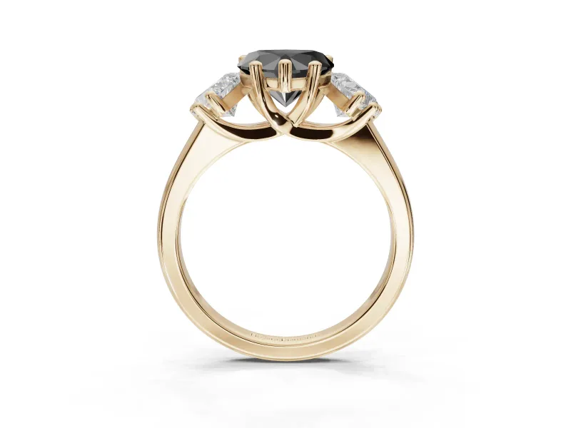 Heart-Shaped Three Stone Engagement Ring Setting for a Black Center | Tapered Band | Yellow Gold