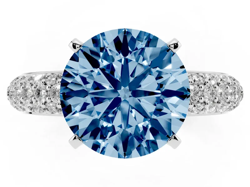 Fancy Blue Round Cut Diamond Solitaire Ring Set in White gold with Prong Setting and Pavé-Set Band