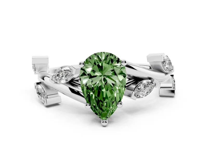 Fancy Green Pear Cut Diamond Solitaire Ring Set in Platinum with Twisted Marquise Accent Band