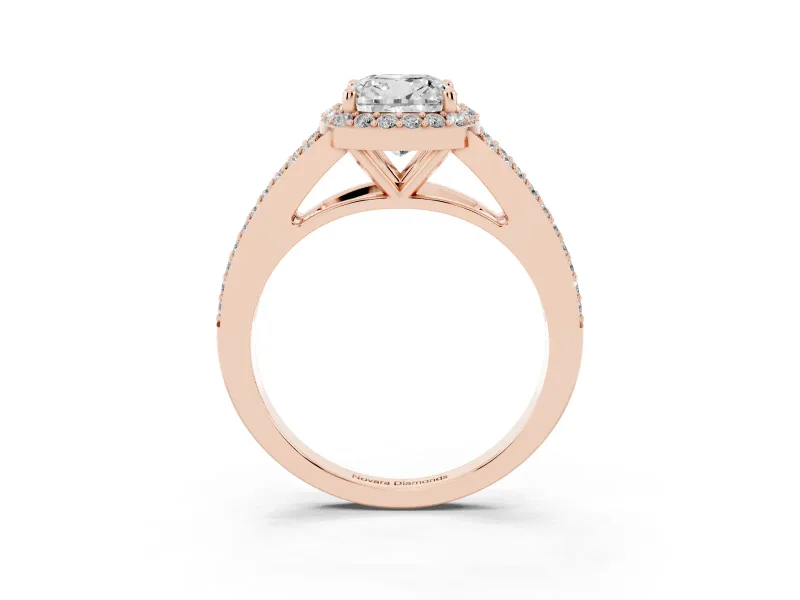 Cushion Cut Halo Engagement Ring Setting | V-Split Pavé Band | Rose Gold