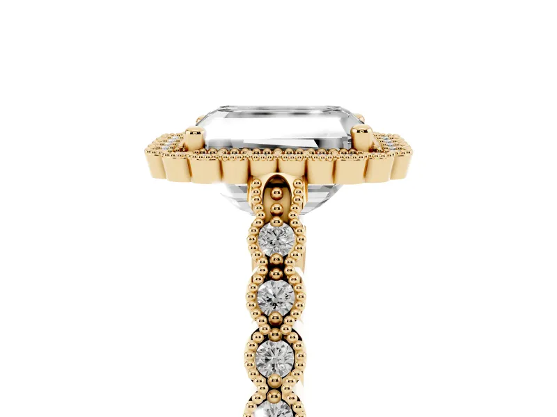 Radiant Cut Vintage Milgrain Halo Engagement Ring Setting | Beaded Pavé Shoulders | Yellow Gold