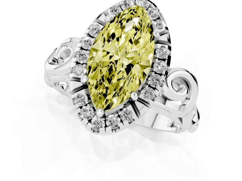 Fancy Yellow Marquise Cut Diamond Halo Ring Set in White gold with Scrollwork Band and Prong Setting