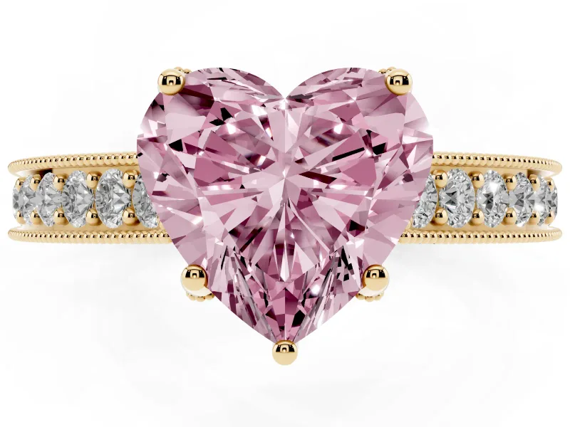 Heart-Shaped Hidden Halo Engagement Ring Setting for a Fancy Pink Lab-Grown Diamond | Milgrain Pave | Yellow Gold