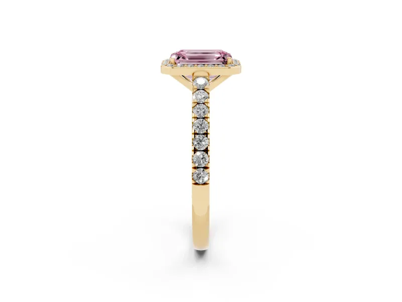 Fancy Pink Emerald Cut Diamond Halo Engagement Ring Set in Yellow gold with Pavé Band and Prong Setting
