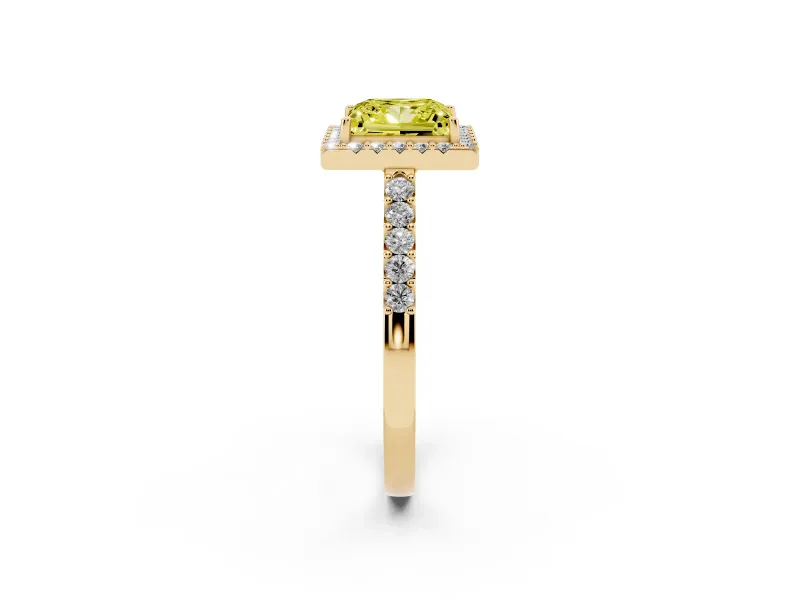 Fancy Yellow Princess Cut Diamond Halo Pavé Solitaire Ring Set in Yellow gold with Prong-Set Center Stone
