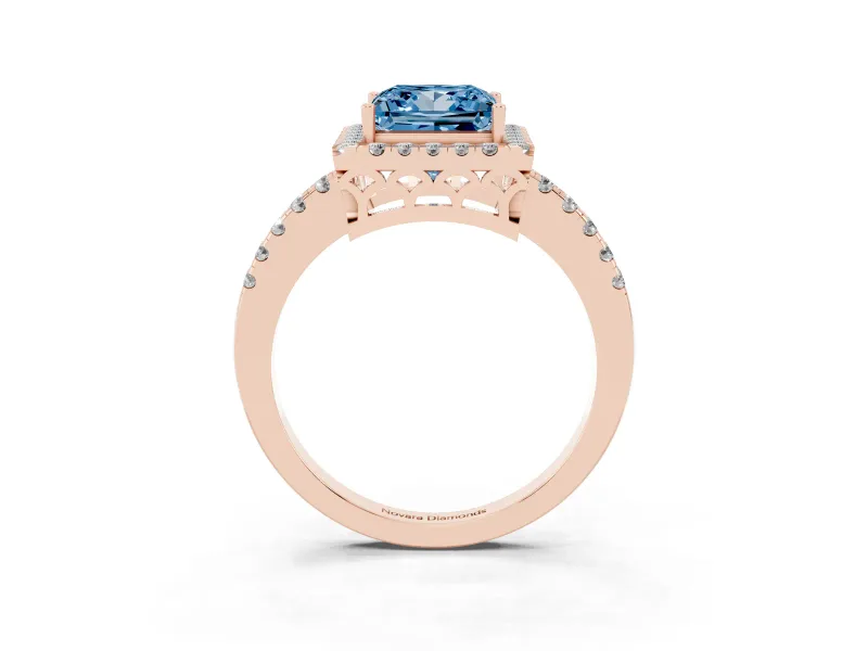 Fancy Blue Princess Cut Diamond Pavé Band Halo Engagement Ring Set in Rose gold with Prong Setting