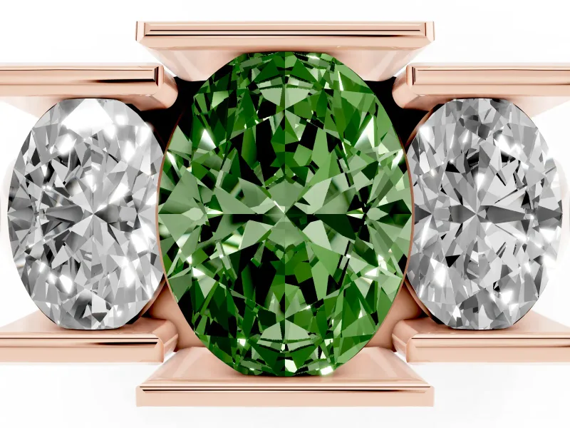 Fancy Green Oval Cut Diamond Three-Stone Channel Set Ring Set in Rose gold with Smooth Polished Band