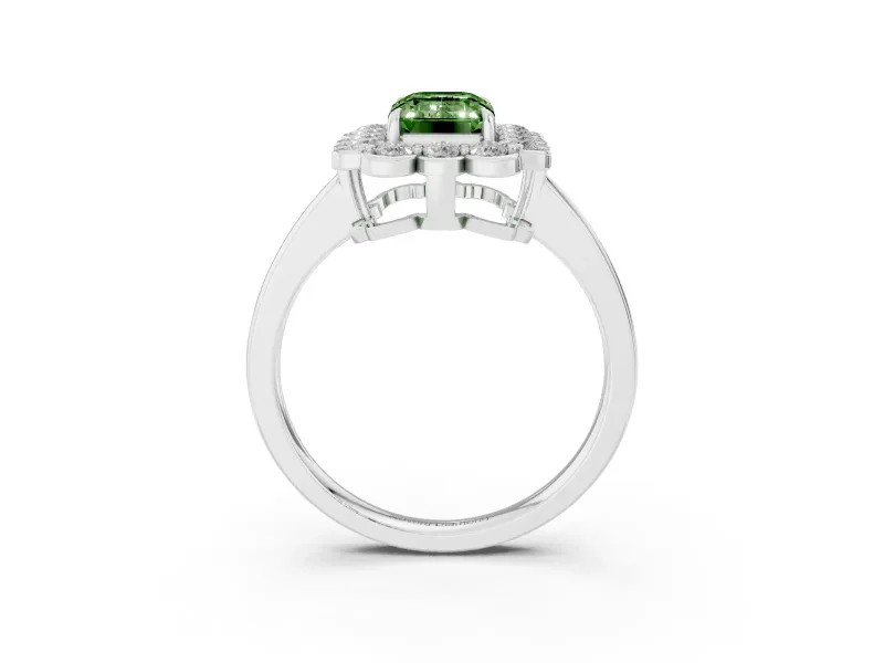 Emerald Cut Scalloped Cluster Halo Engagement Ring Setting for a Fancy Green Lab-Grown Diamond | Plain Band | Platinum