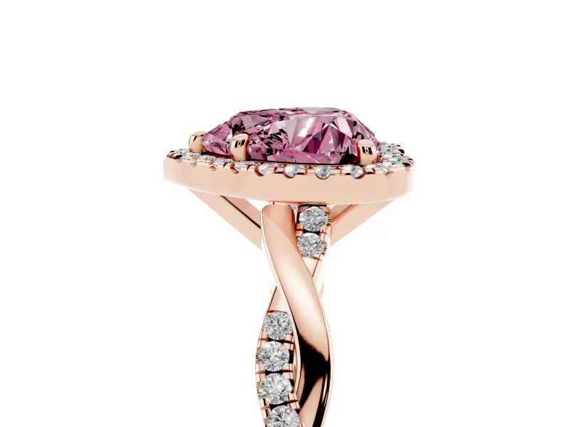 Fancy Pink Heart Cut Diamond Halo Twisted Band Ring Set in Rose gold with Prong Setting