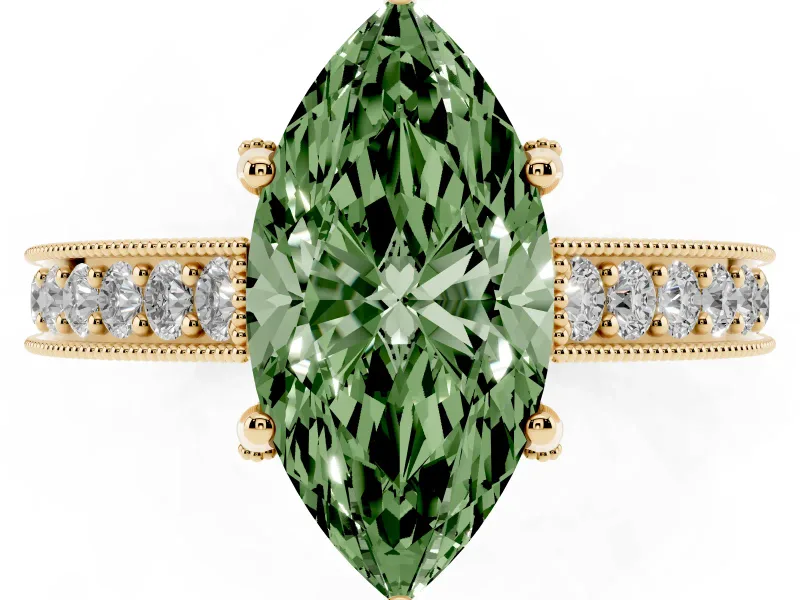 Marquise Hidden Halo Engagement Ring Setting for a Fancy Green Lab-Grown Diamond | Milgrain Pave | Yellow Gold