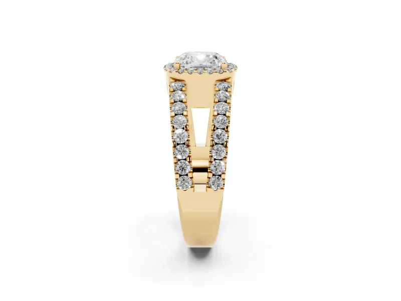 Cushion Cut Diamond Halo Ring Set in Yellow gold with Pavé Split Shank and Prong Setting