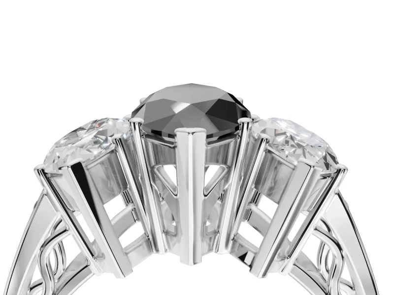Marquise Three Stone Engagement Ring Setting for a Black Center | Beaded Shoulders | White Gold