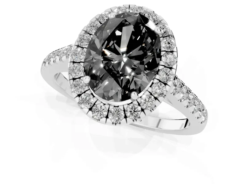Fancy Black Oval Cut Diamond Halo Pavé Engagement Ring Set in Silver with Prong Setting