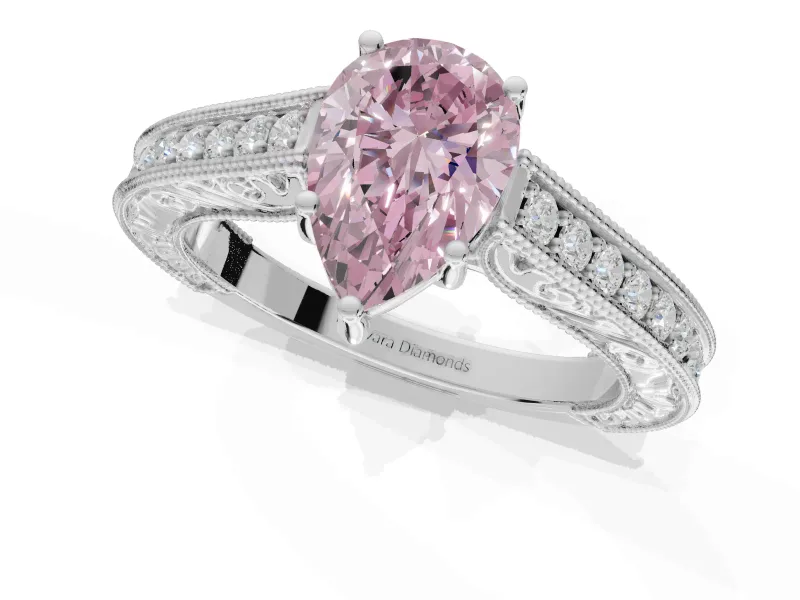 Pear-Shaped Vintage Engraved Pavé Engagement Ring Setting for a Fancy Pink Lab-Grown Diamond | Milgrain Edges | Platinum