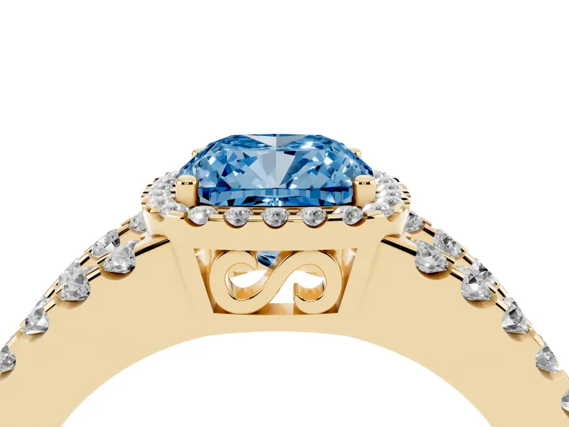 Cushion Cut Halo Engagement Ring Setting for a Fancy Blue Lab-Grown Diamond | Yellow Gold