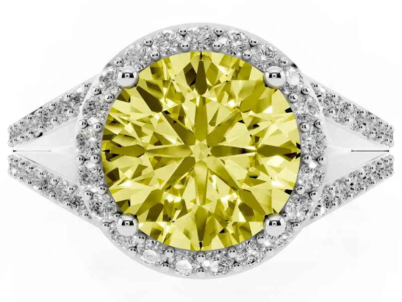 Round Halo Engagement Ring Setting for a Fancy Yellow Lab-Grown Diamond | Pave Split Shank | Platinum