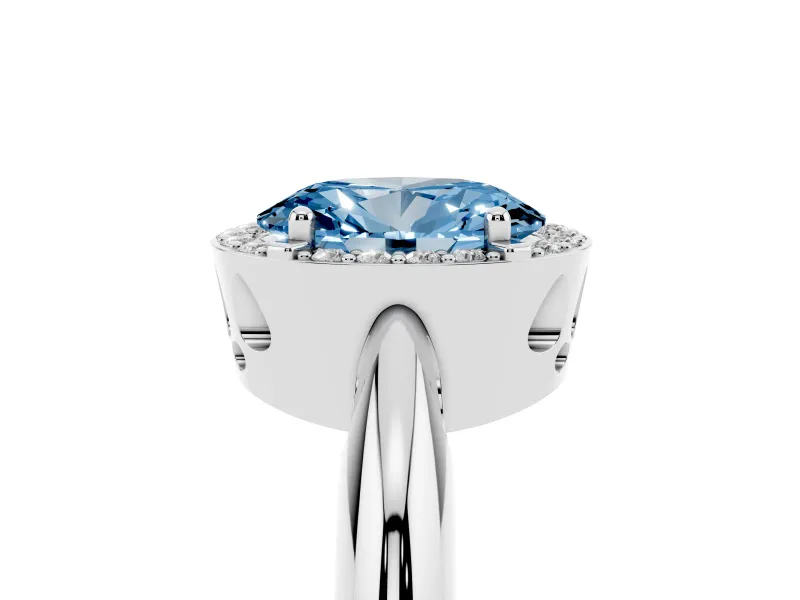 Fancy Blue Oval Cut Diamond Halo Engagement Ring Set in White gold with Plain Split Shank and Prong Setting