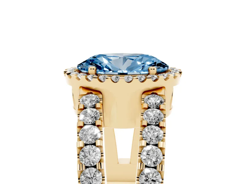 Fancy Blue Oval Cut Diamond Halo Ring Set in Yellow gold with Pavé Split Shank and Prong Setting