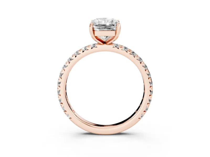 Radiant Cut Pavé Solitaire Engagement Ring Setting | Shared Prong Band | Rose Gold
