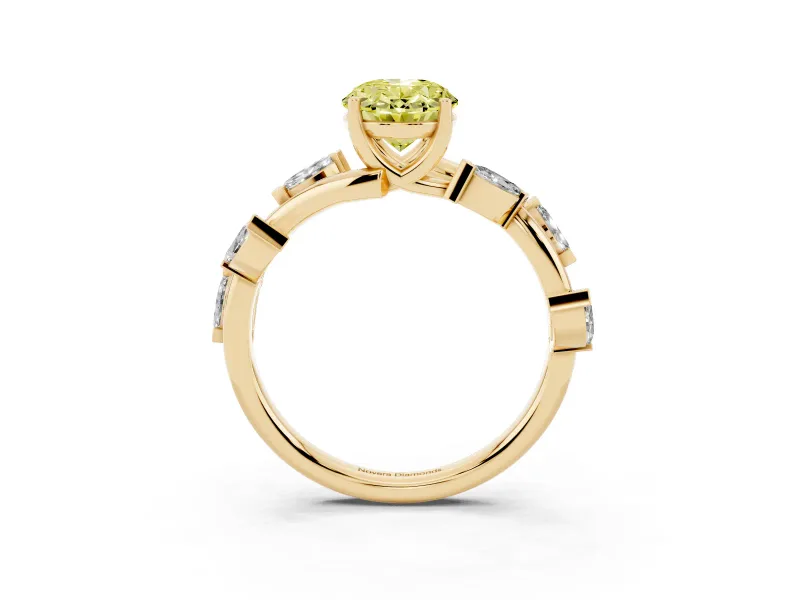 Fancy Yellow Oval Cut Diamond Solitaire Ring Set in Yellow gold with Twisted Marquise Accent Band