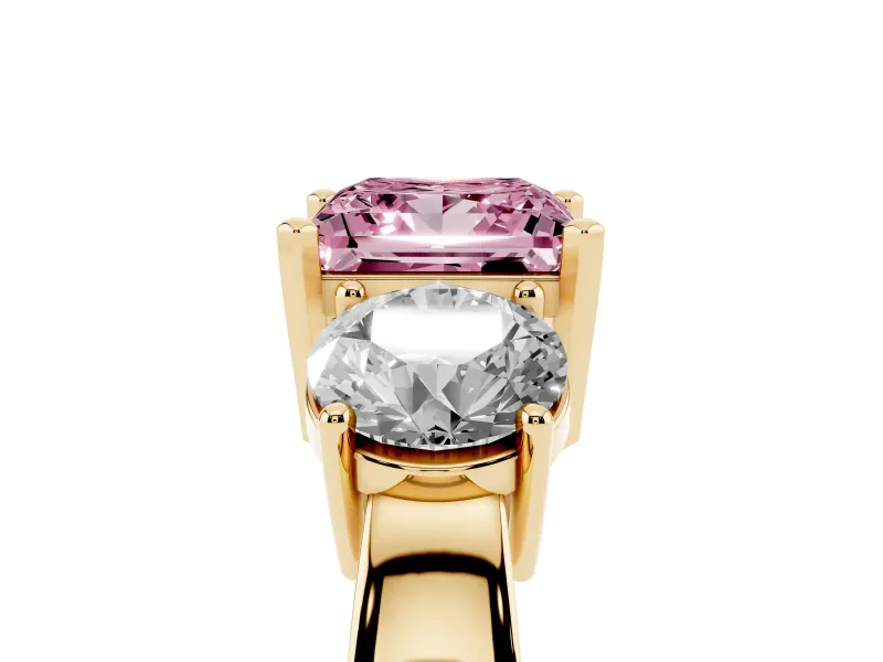 Princess Cut Three Stone Engagement Ring Setting for a Fancy Pink Lab-Grown Diamond | Wide Plain Band | Yellow Gold