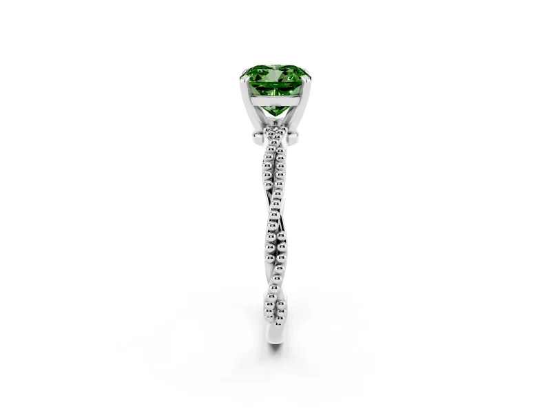 Fancy Green Cushion Cut Diamond Solitaire Ring Set in Platinum with Twisted Band and Bead Prong Setting
