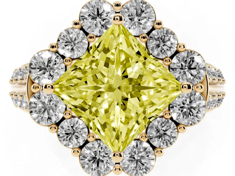 Fancy Yellow Princess Cut Diamond Halo Engagement Ring Set in Yellow gold with Split Shank and Prong Setting