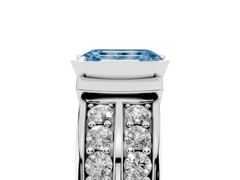 Emerald Cut Half Bezel Engagement Ring Setting for a Fancy Blue Lab-Grown Diamond | Double Row Channel Band | White Gold