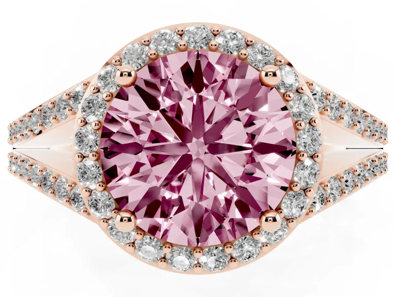 Round Halo Engagement Ring Setting for a Fancy Pink Lab-Grown Diamond | Pave Split Shank | Rose Gold