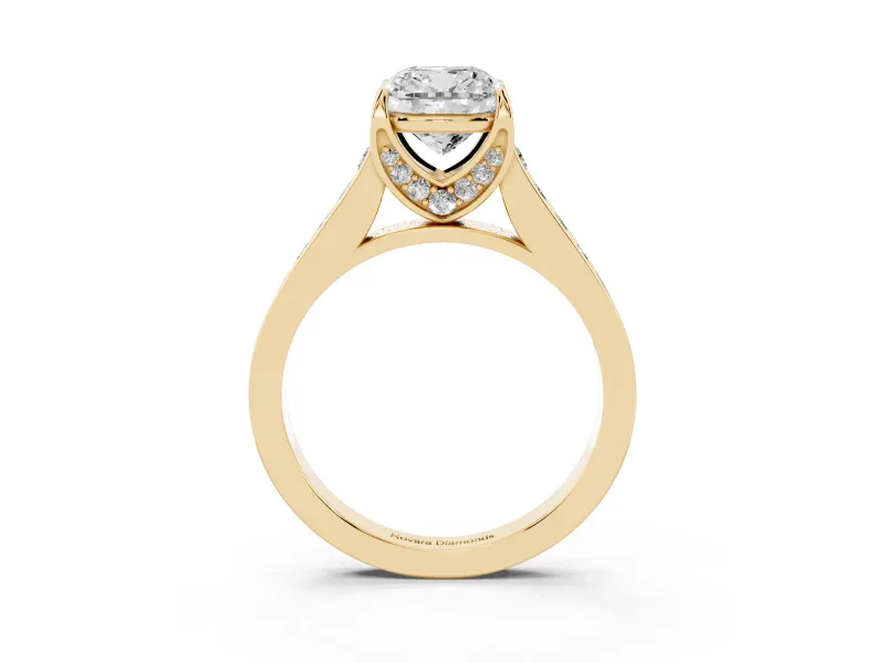 Cushion Cut Graduated Pavé Solitaire Engagement Ring Setting | Wide Pavé Row Band | Yellow Gold
