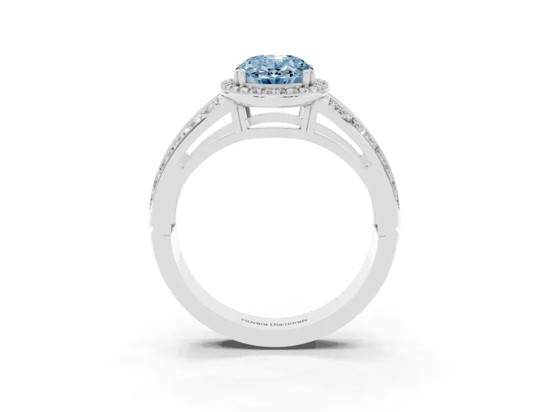 Fancy Blue Oval Cut Diamond Halo Ring Set in White gold with Double Pavé Split Shank