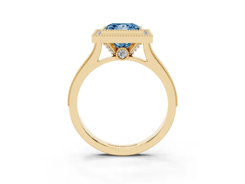 Princess Cut Vintage Milgrain Halo Engagement Ring Setting for a Fancy Blue Lab-Grown Diamond | Bezel Head | Yellow Gold