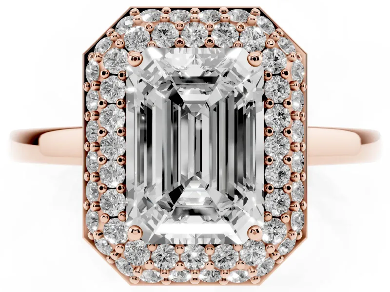Emerald Cut Diamond Halo Engagement Ring Set in Rose gold with Solitaire Band and Prong Setting