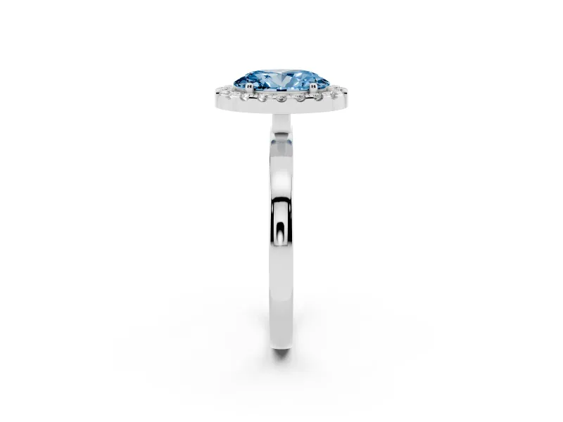 Fancy Blue Oval Cut Diamond Halo Solitaire Ring Set in Silver with Pavé Band and Prong Setting