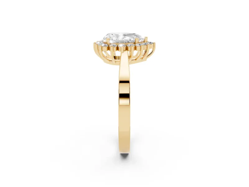 Pear Cut Diamond Halo Ring Set in Yellow gold with Round Halo and Smooth Solitaire Band