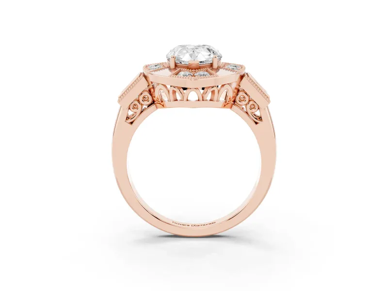 Pear Cut Diamond Milgrain Halo Ring Set in Rose gold with Split Shank