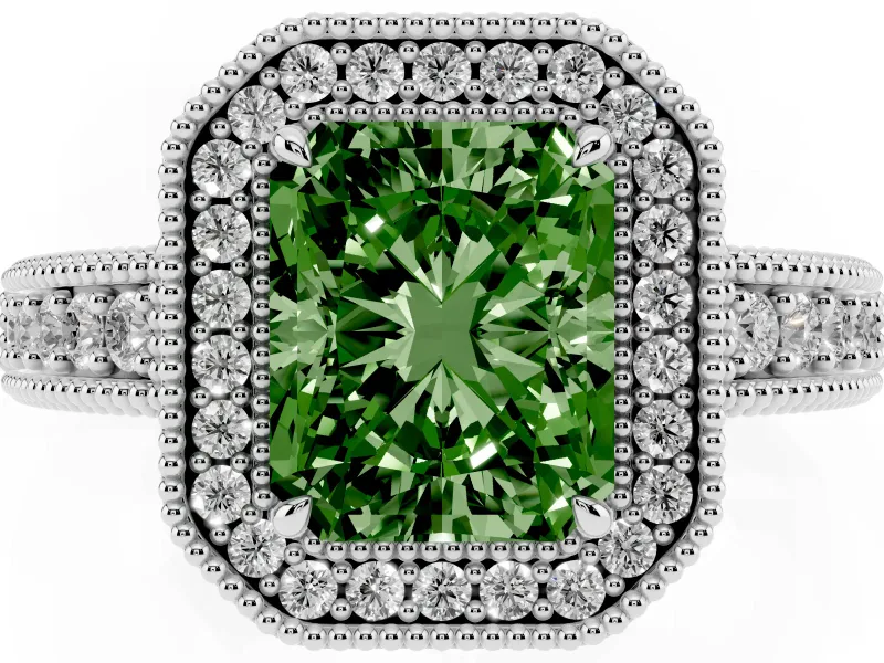 Fancy Green Radiant Cut Diamond Halo Ring Set in White gold with Round Accent Halo, Pavé Band and Prong Setting
