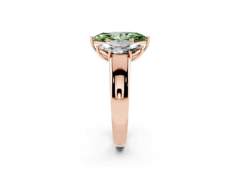Fancy Green Three-Stone Marquise Cut Diamond Ring Set in Rose gold with Matching Prong Settings and Plain Band