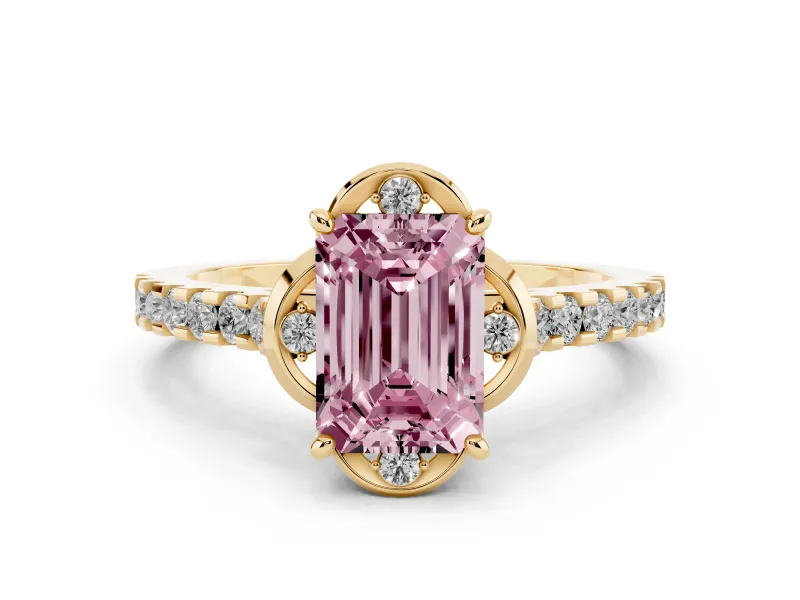 Fancy Pink Emerald Cut Diamond Solitaire Ring Set in Yellow gold with Pavé Band and Floral Prong Setting
