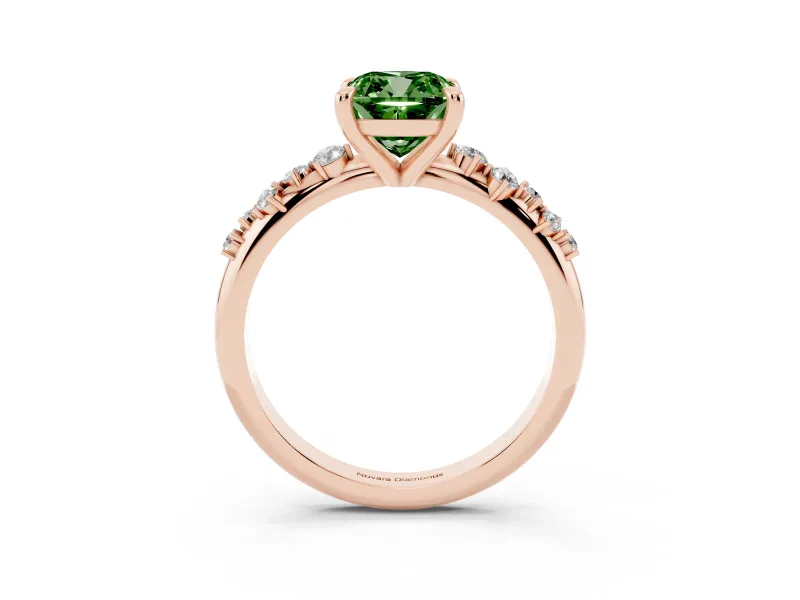 Fancy Green Cushion Cut Diamond Solitaire Vine Band Ring Set in Rose gold with Round Accents and Prong Setting